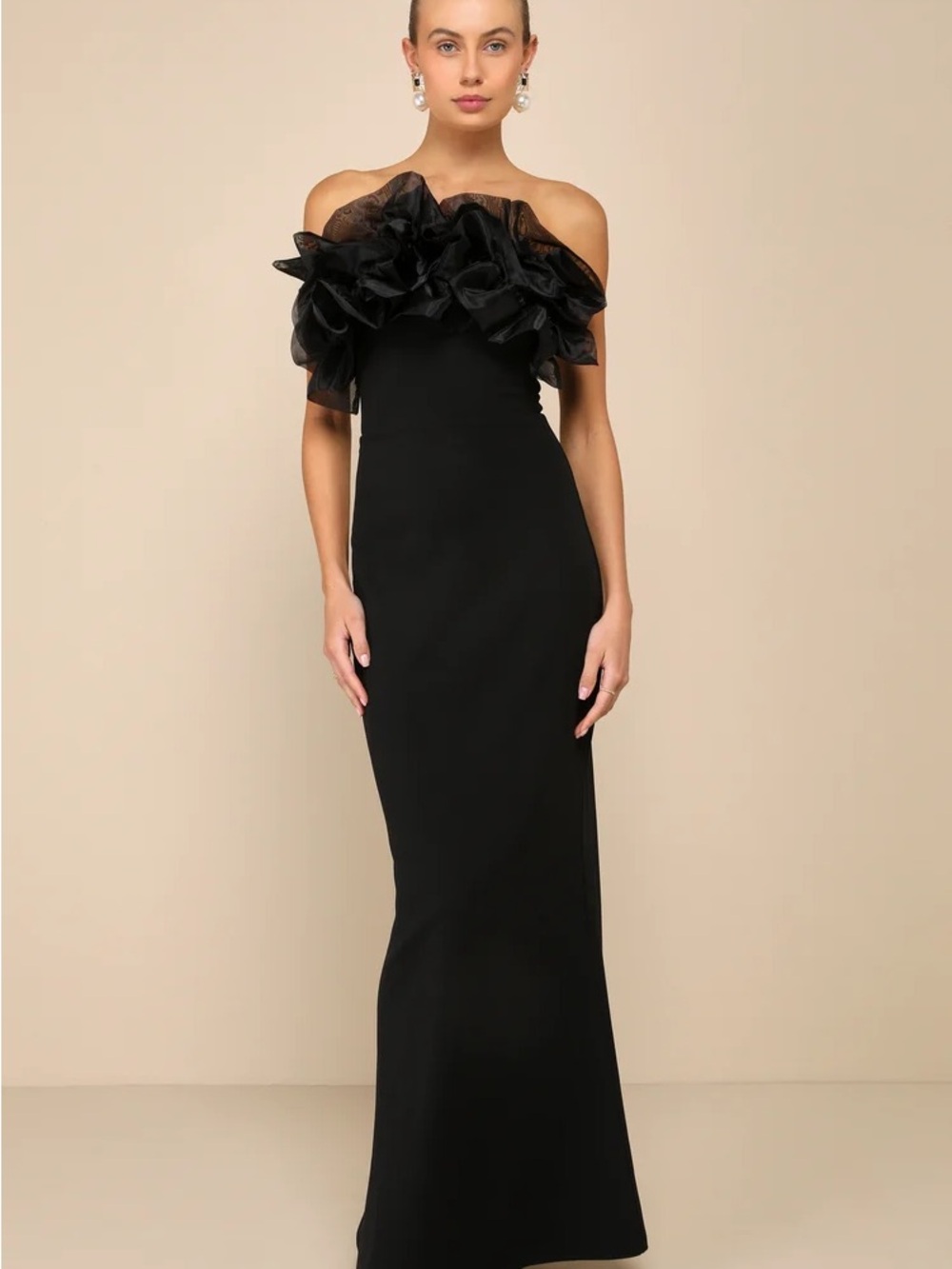 Lulus Evening Excellence Black Ruffled Strapless Mermaid Maxi Dress Small